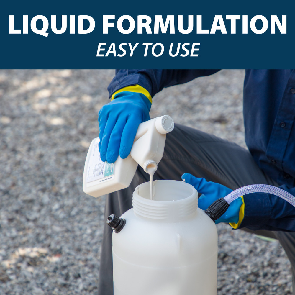 A person wearing PPE pours KnockDown Defense into a tank sprayer. Text: Liquid Formation, Easy To Use