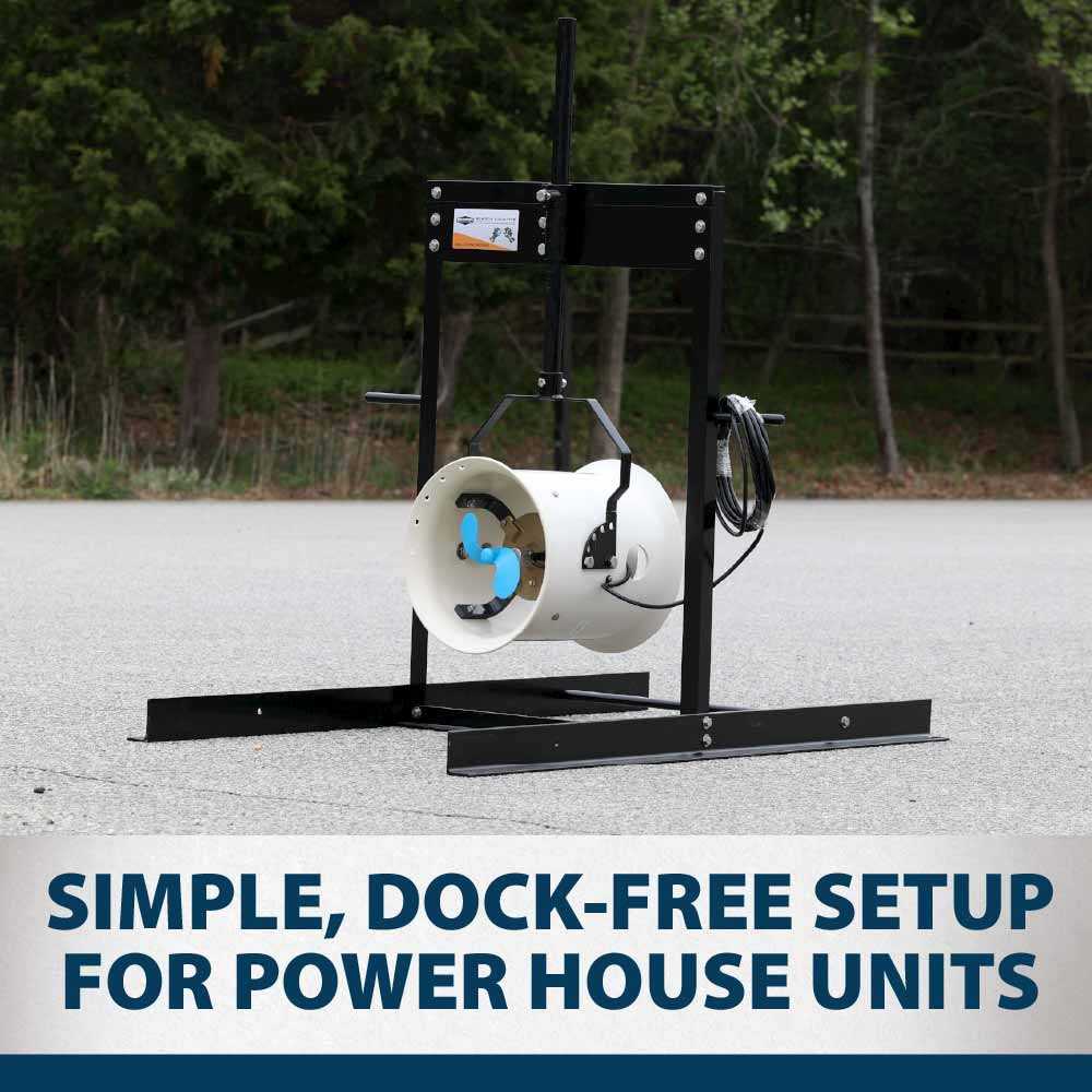 Power House Shallow Water Stand holding an Ice Eater unit outdoors, with text: “Simple, dock-free setup for power house units”.