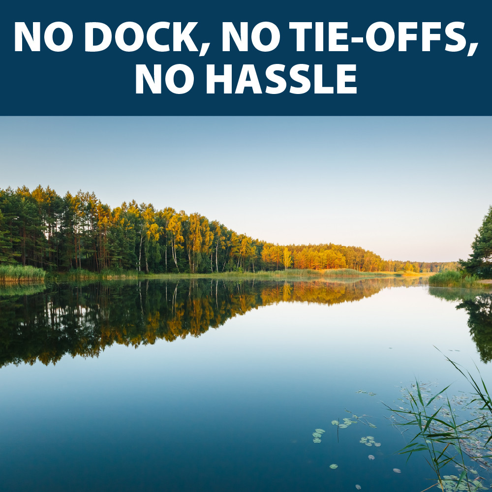 Peaceful lake scene highlighting the Airmax Stand Mount as a dock-free solution for installing compatible Weeds Away and Ice Eater units.