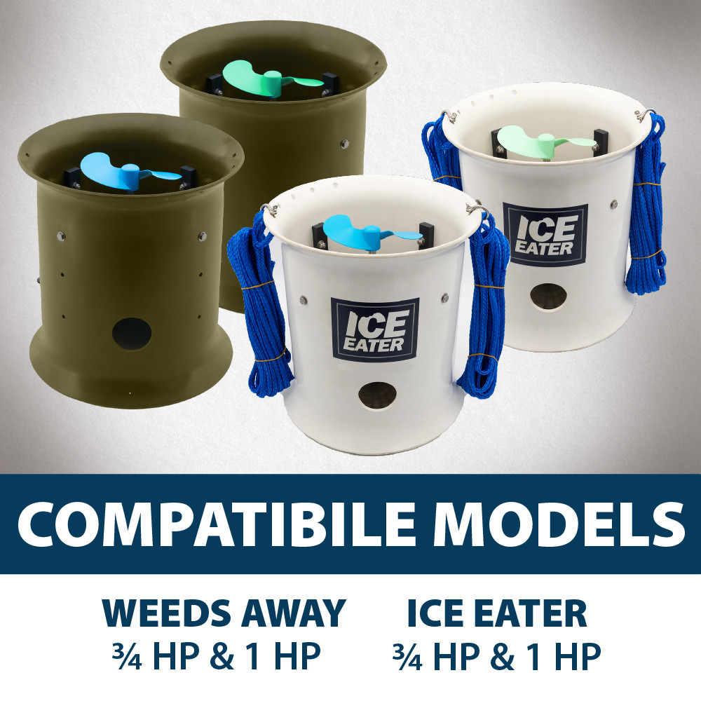 Compatible Airmax Weeds Away and Ice Eater 3/4 HP and 1 HP units shown alongside the Stand Mount for dock-free installation options.