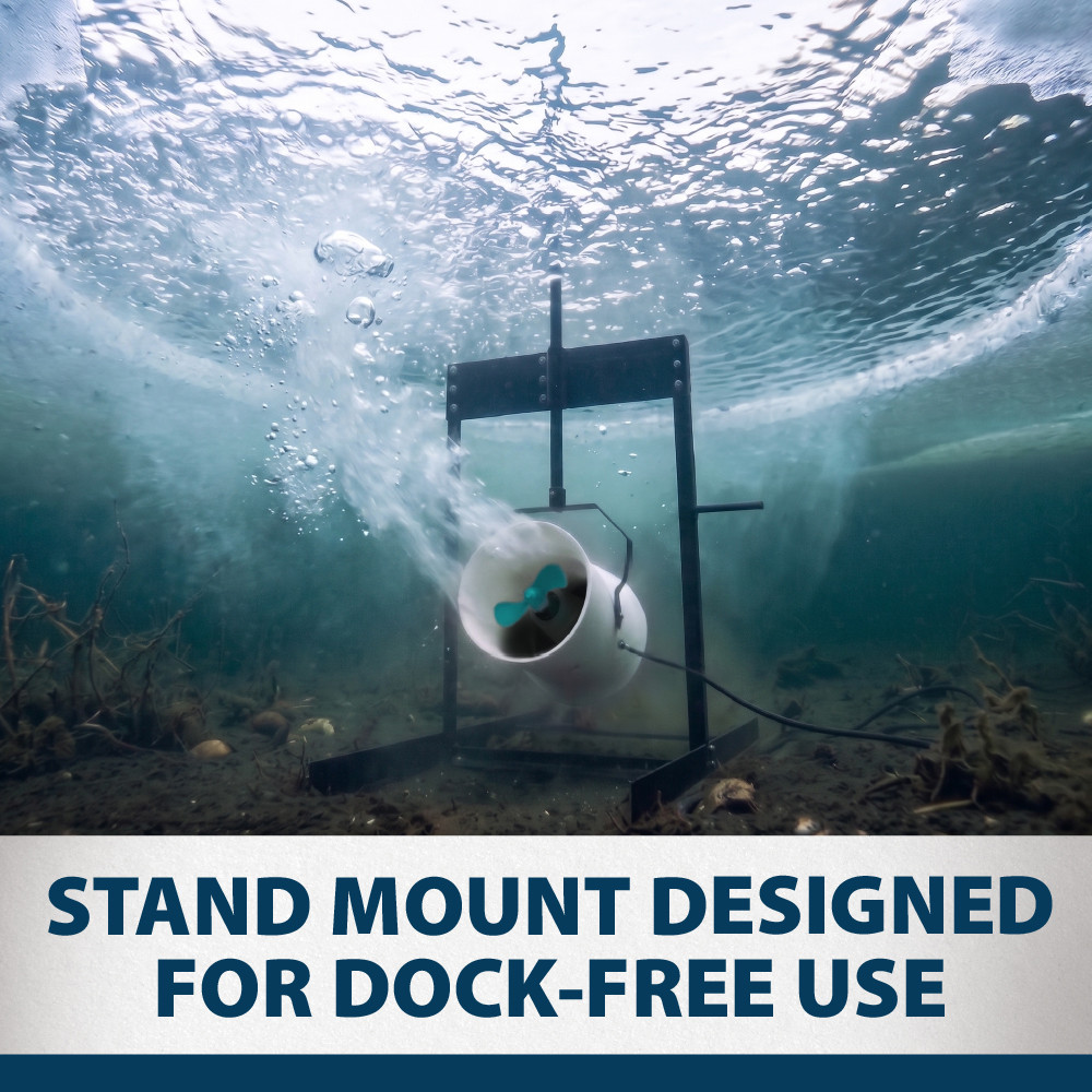Airmax Stand Mount with an Ice Eater operating underwater, creating powerful water movement without requiring a dock or shoreline tie-offs.