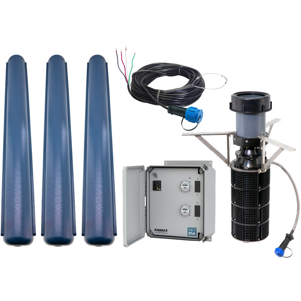 Airmax LakeSeries 2HP fountain kit with floats, motor unit, control panel, and power cord displayed on a clean white background