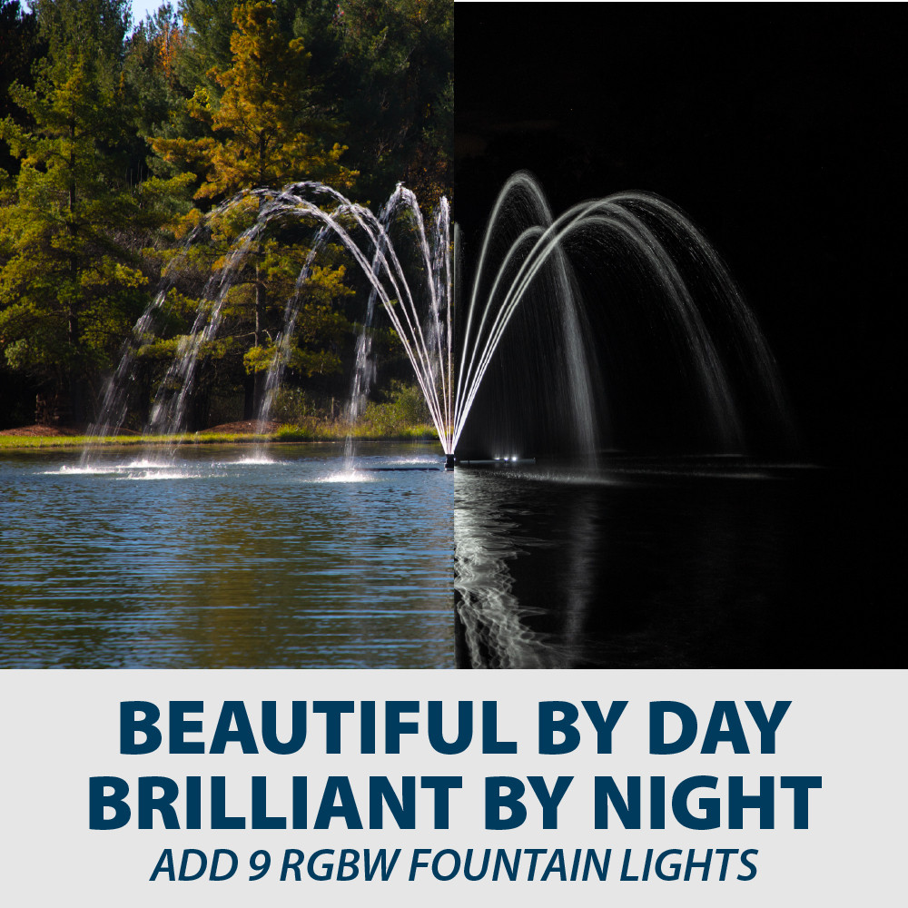 Split image of fountain display during day and illuminated at night with arcing water patterns highlighting optional RGBW lighting upgrade