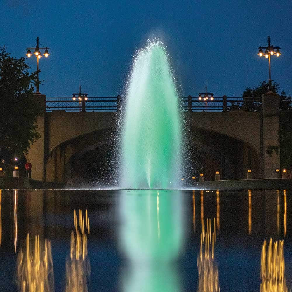 Kasco RGBW Lighting Tool Kit Shown on J-Series Fountains With Spruce Nozzle