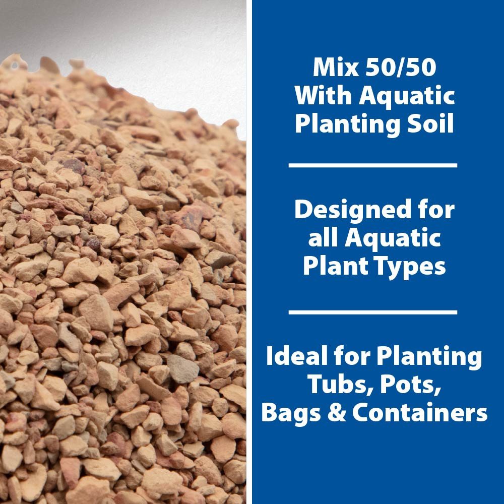 Close-up of Aquatic Planting Media gravel with text callouts explaining fifty-fifty mixing with aquatic soil and use in tubs, pots, and containers.