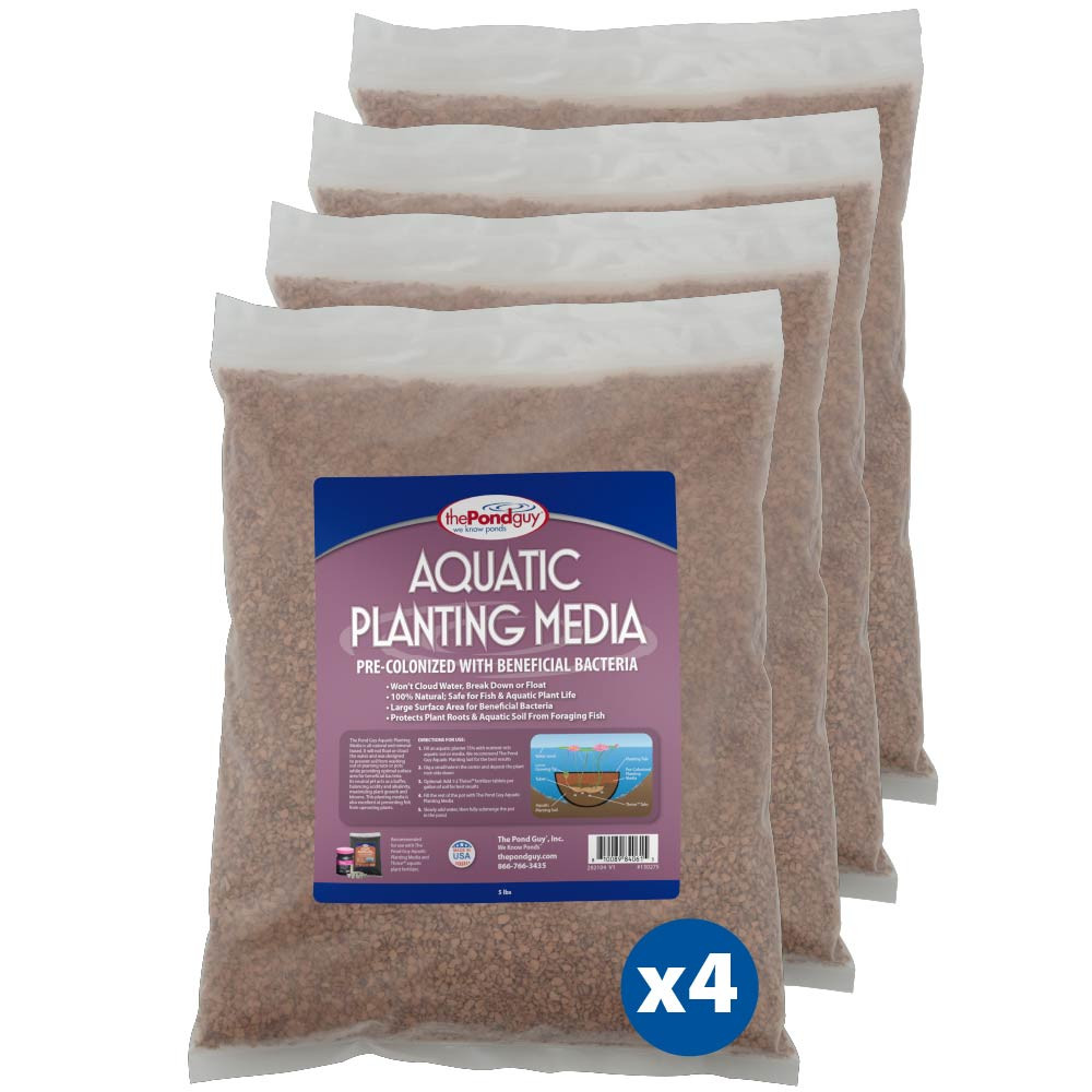 Four bags of The Pond Guy Aquatic Planting Media grouped together, a natural gravel planting media pre-colonized with beneficial bacteria for aquatic plants.