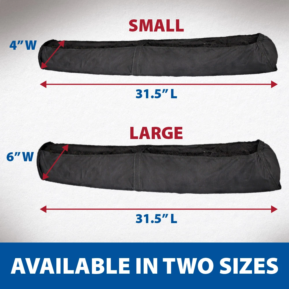 Comparison of small and large plant socks showing dimensions, with small at 4 inches wide and large at 6 inches wide, both 31.5 inches long.