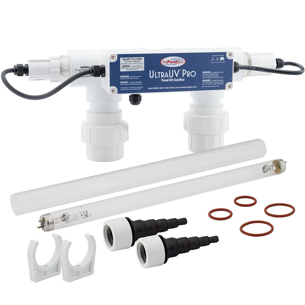 The Pond Guy UltraUV Pro 25-Watt UV Clarifier Includes The Transformer, UV Bulb, Quartz Sleeve, O-Rings, Mounting Brackets, and Step-Down Fittings.