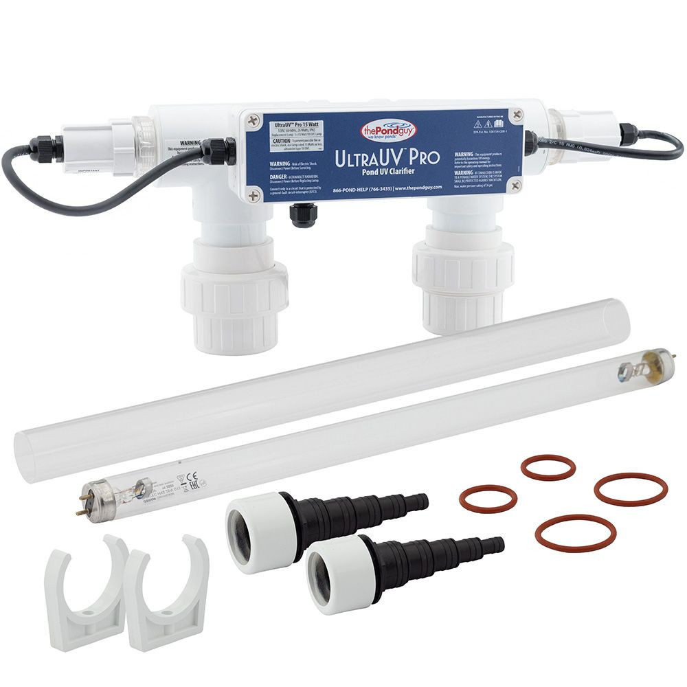 The Pond Guy UltraUV Pro 15-Watt UV Clarifier Includes The Transformer, UV Bulb, Quartz Sleeve, O-Rings, Mounting Brackets, and Step-Down Fittings.