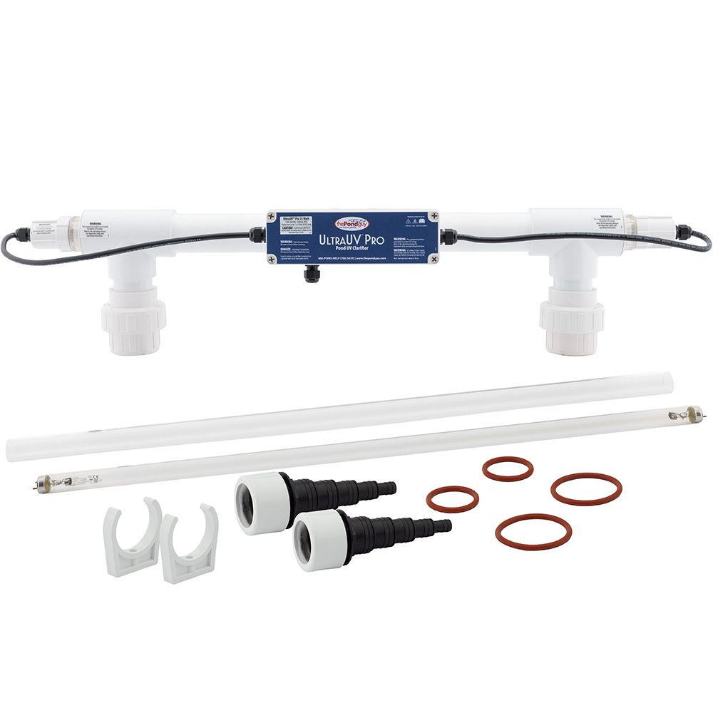 The Pond Guy UltraUV Pro 55-Watt UV Clarifier Includes The Transformer, UV Bulb, Quartz Sleeve, O-Rings, Mounting Brackets, and Step-Down Fittings.