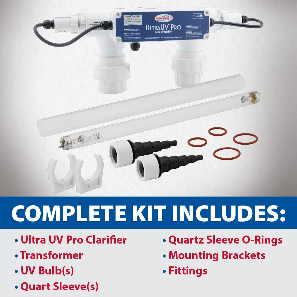 UltraUV Pro pond clarifier kit components shown with the text “COMPLETE KIT INCLUDES,” highlighting UV unit, bulb, quartz sleeve, fittings, and brackets.