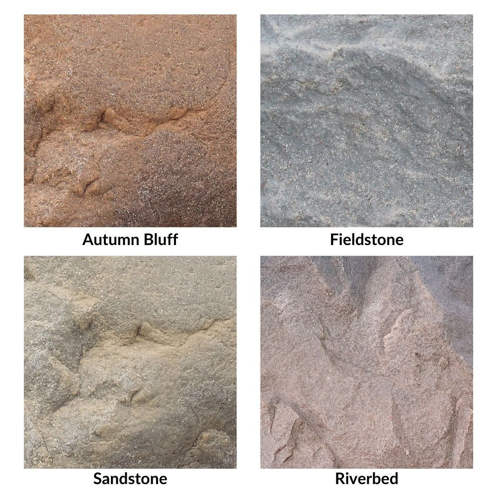 Comparison of DekoRRa faux rock colors: Fieldstone, Riverbed, Sandstone, and Autumn Bluff, showcasing realistic textures for landscaping.