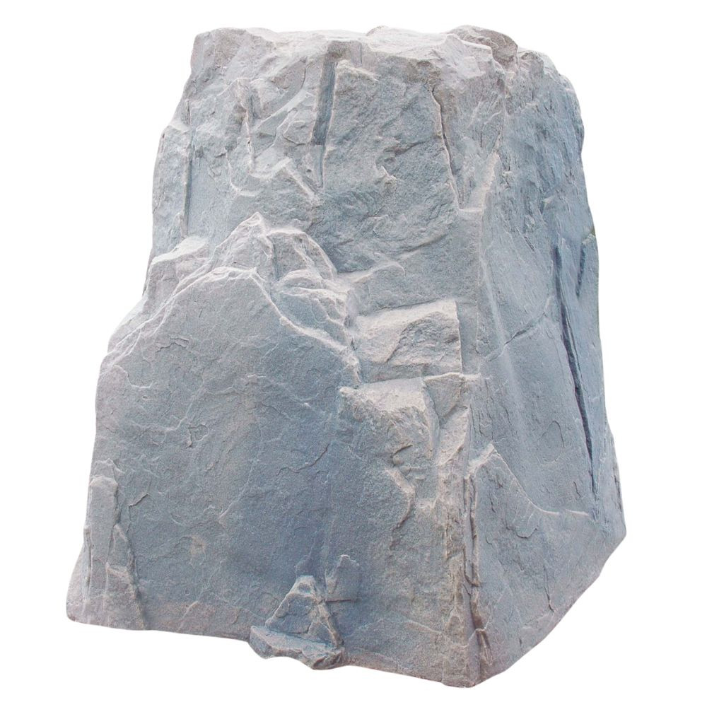 The DekoRRa Model 114 rock cover in Fieldstone color, with cool gray hues and realistic stone detailing for seamless blending into various outdoor settings.
