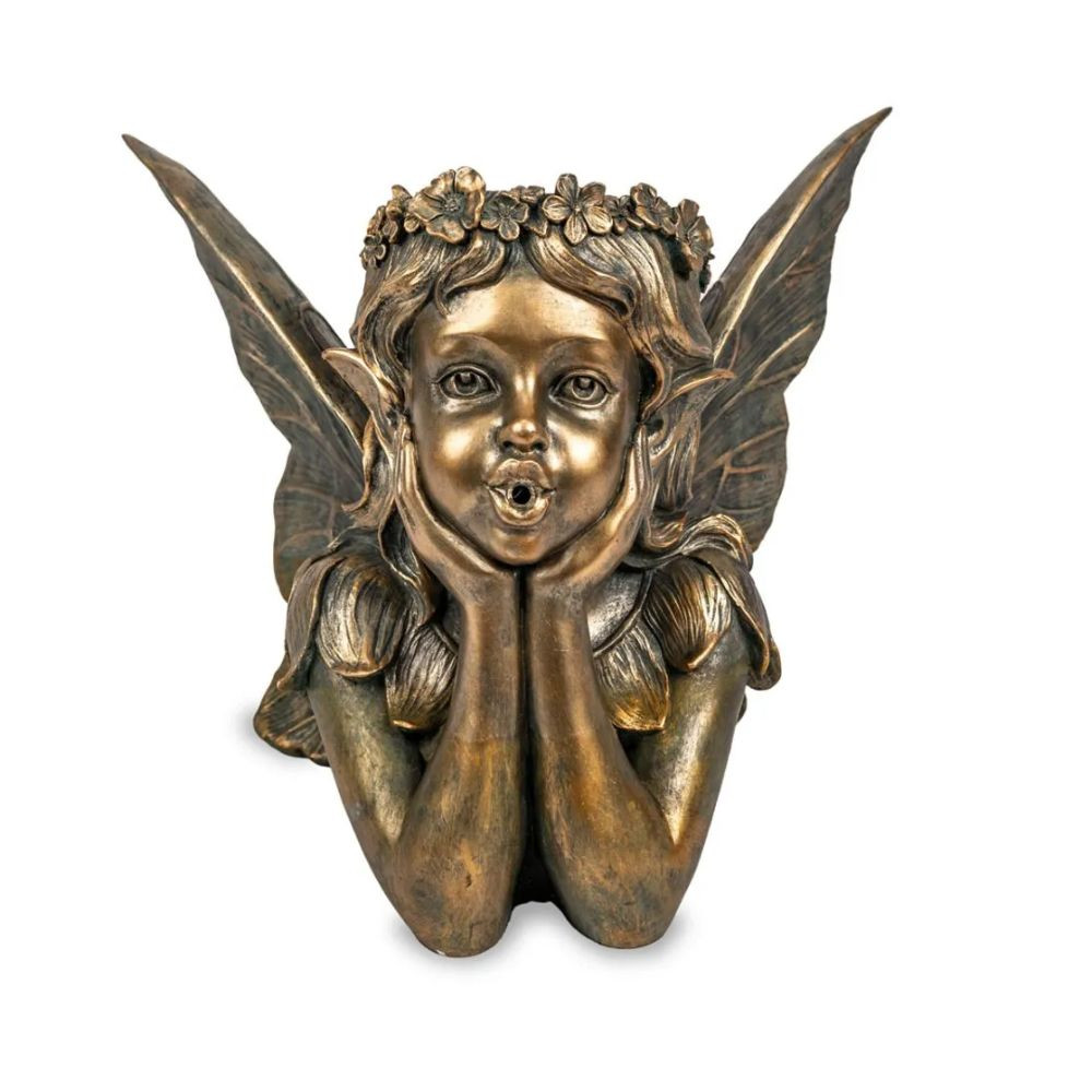 Whimsical bronze fairy statue spitter with detailed wings and a floral crown, water outlet at mouth, ideal for garden ponds and patio features.