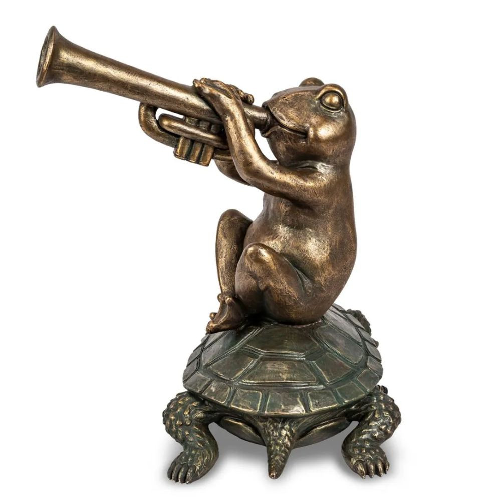Side profile of Aquascape Jazz Frog Spitter with frog blowing into a trumpet while riding a turtle, featuring textured resin construction.