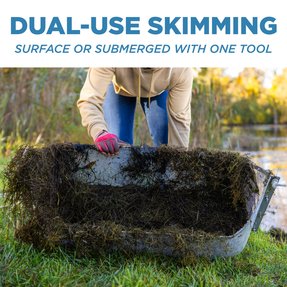 A person tilting a Sifter Swifter full of submerged weeds next to a pond, with text: “Dual-use skimming – surface or submerged with one tool.