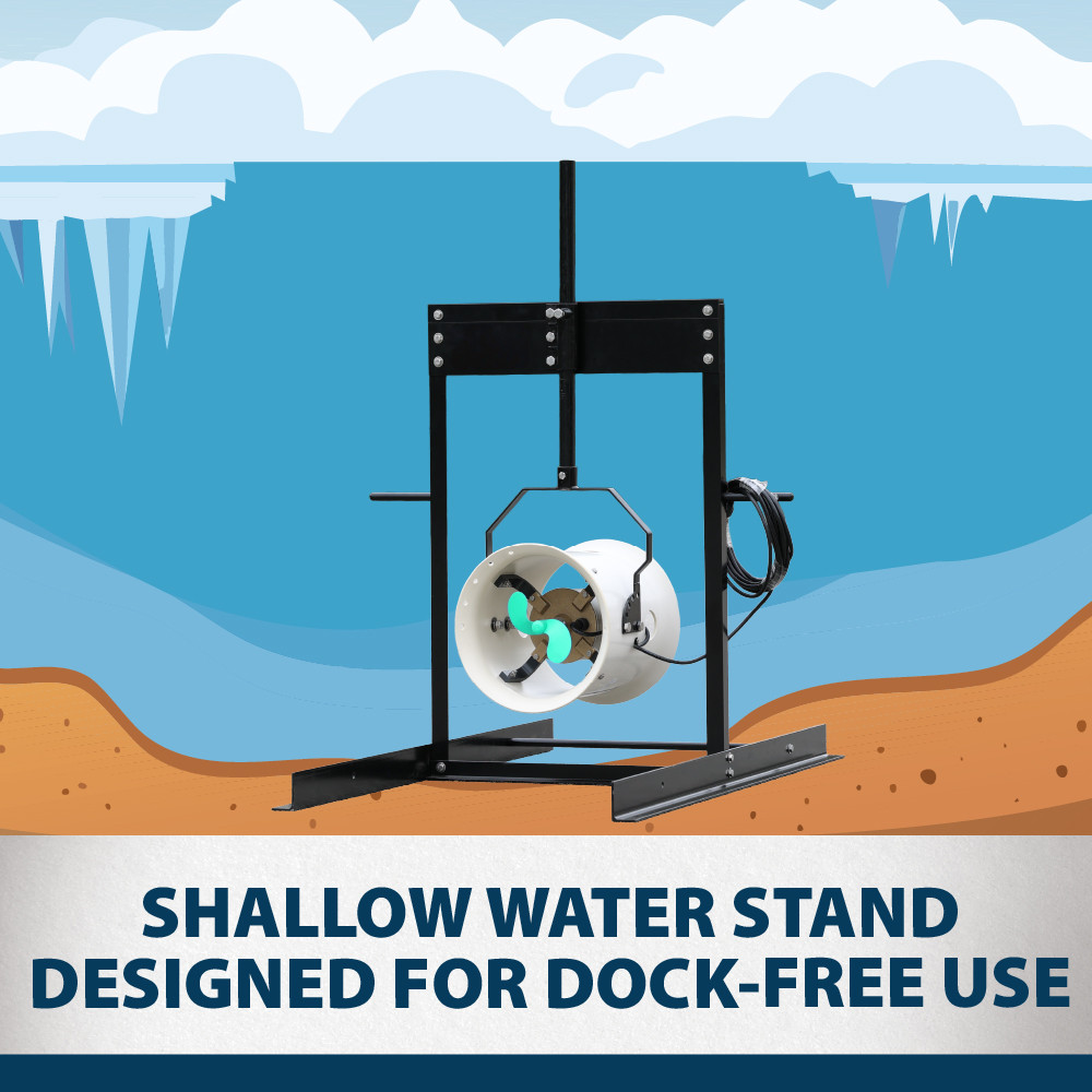An illustration showing the Shallow Water Stand & Ice Eater submerged in a frozen pond, with text: “Shallow Water Stand designed for dock-free use”.