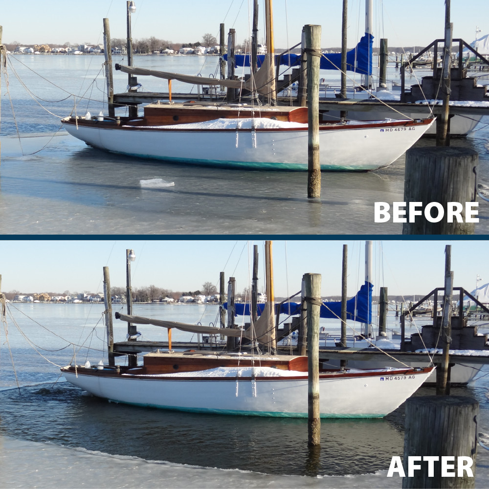 Before & After image showing ice melting around a docked boat