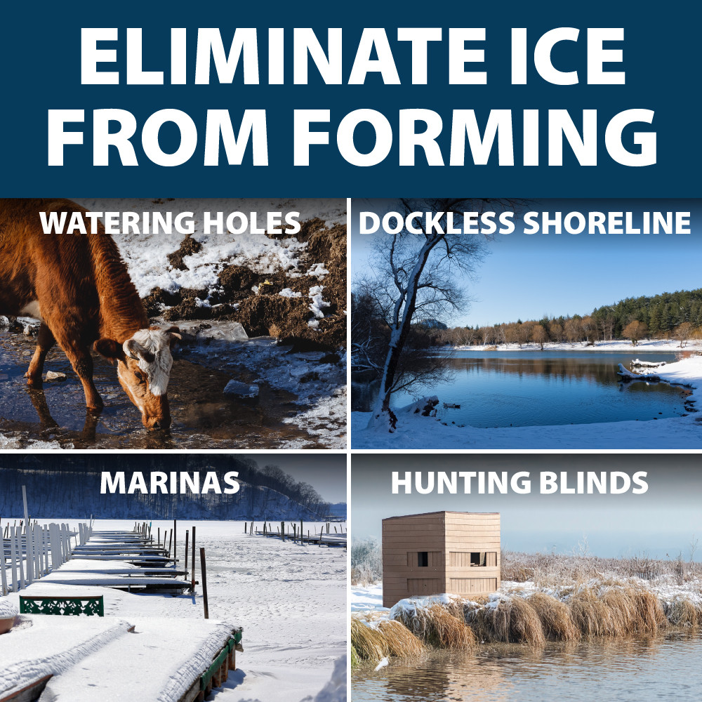 Collage with text: “Eliminate ice from forming” in “watering holes” (cows drinking from ice-free pond), “dockless shoreline” (a tree-lined pond), “marinas” (an empty marina covered in snow) & “hunting blinds” (a hunting blind next to an ice-free pond).