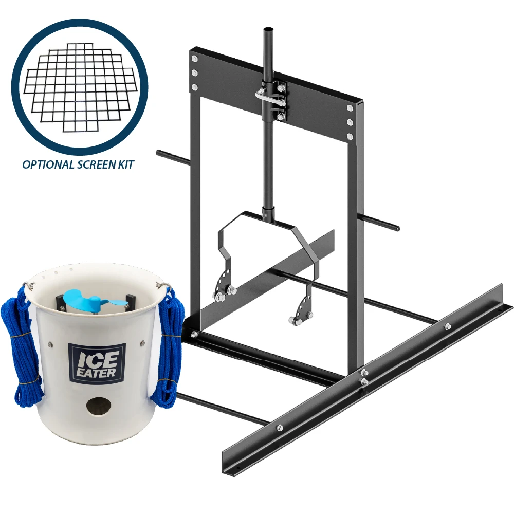 Airmax Ice Eater P1000 1 HP shown with compatible Stand Mount and optional Screen Kit for dock-free waterfront ice management.