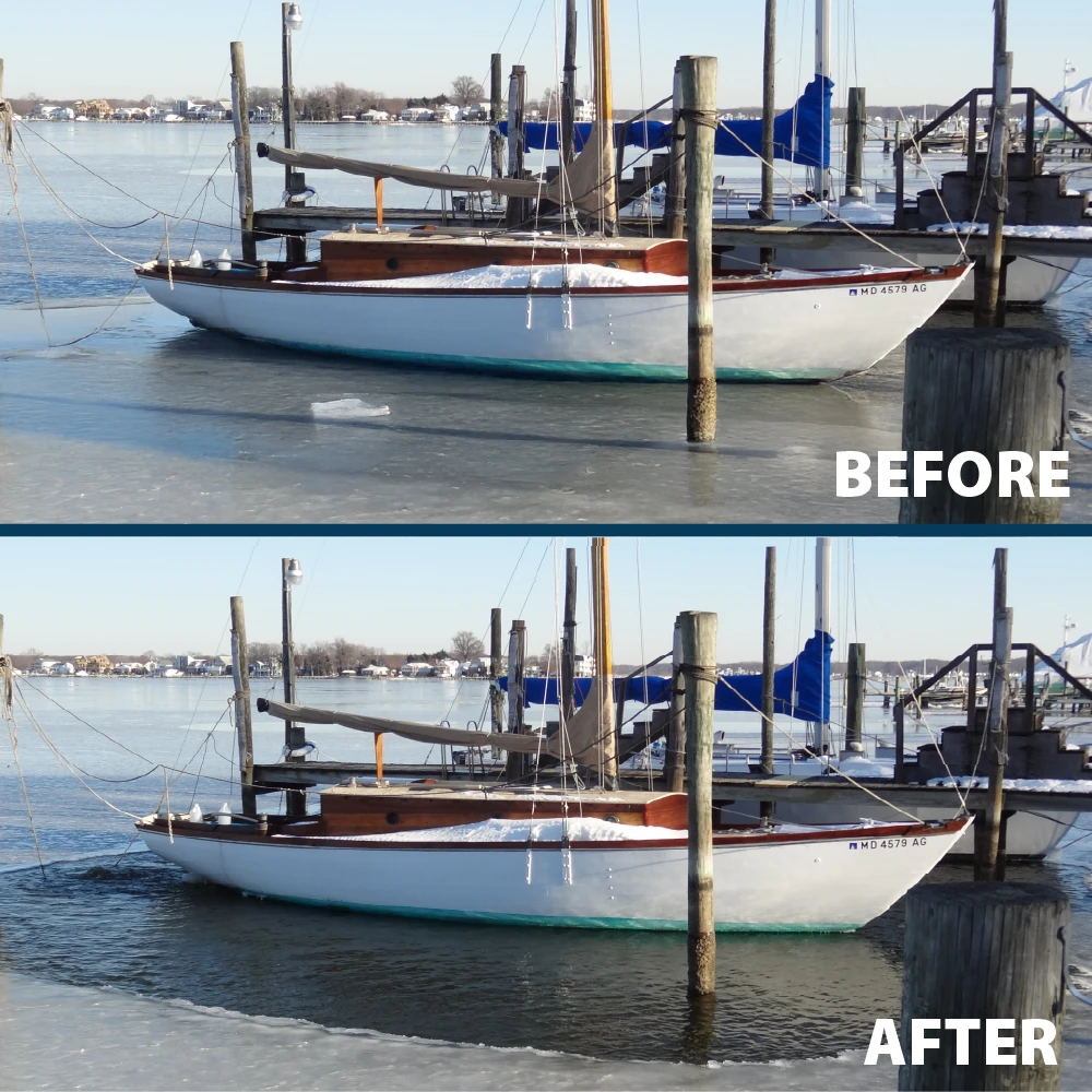 Before and after comparison showing an Airmax Ice Eater opening water around a docked sailboat by preventing ice formation at the shoreline.