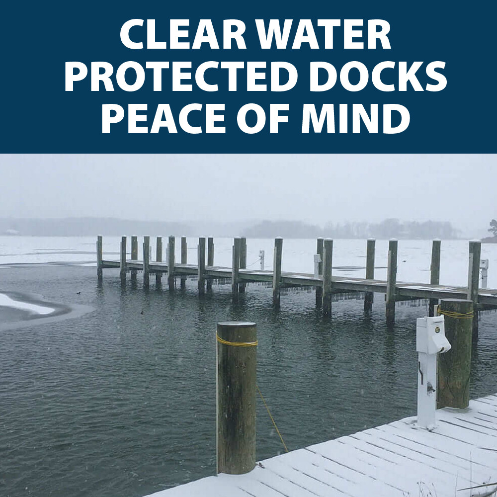 Ice melted away from a large dock, with text: “Clear water, protected docks, peace of mind”.