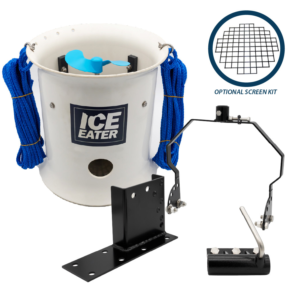 Power House Dock Mount, a P750 Ice Eater, and an inset image of a screen, labeled: “Optional screen kit”.