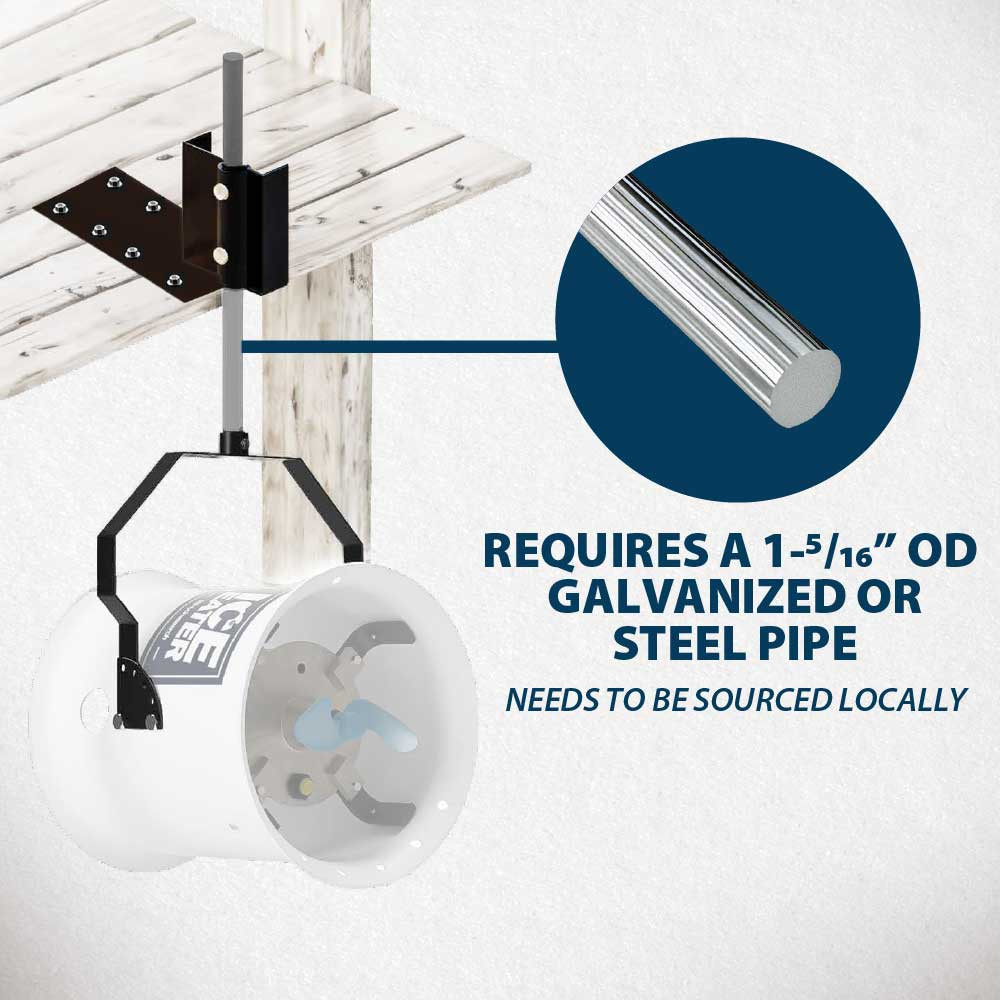 A dock-mounted Ice Eater unit with an inset image of a rod, with text: “Requires a 1 5/16-inch galvanized or steel pipe – needs to be sourced locally”.