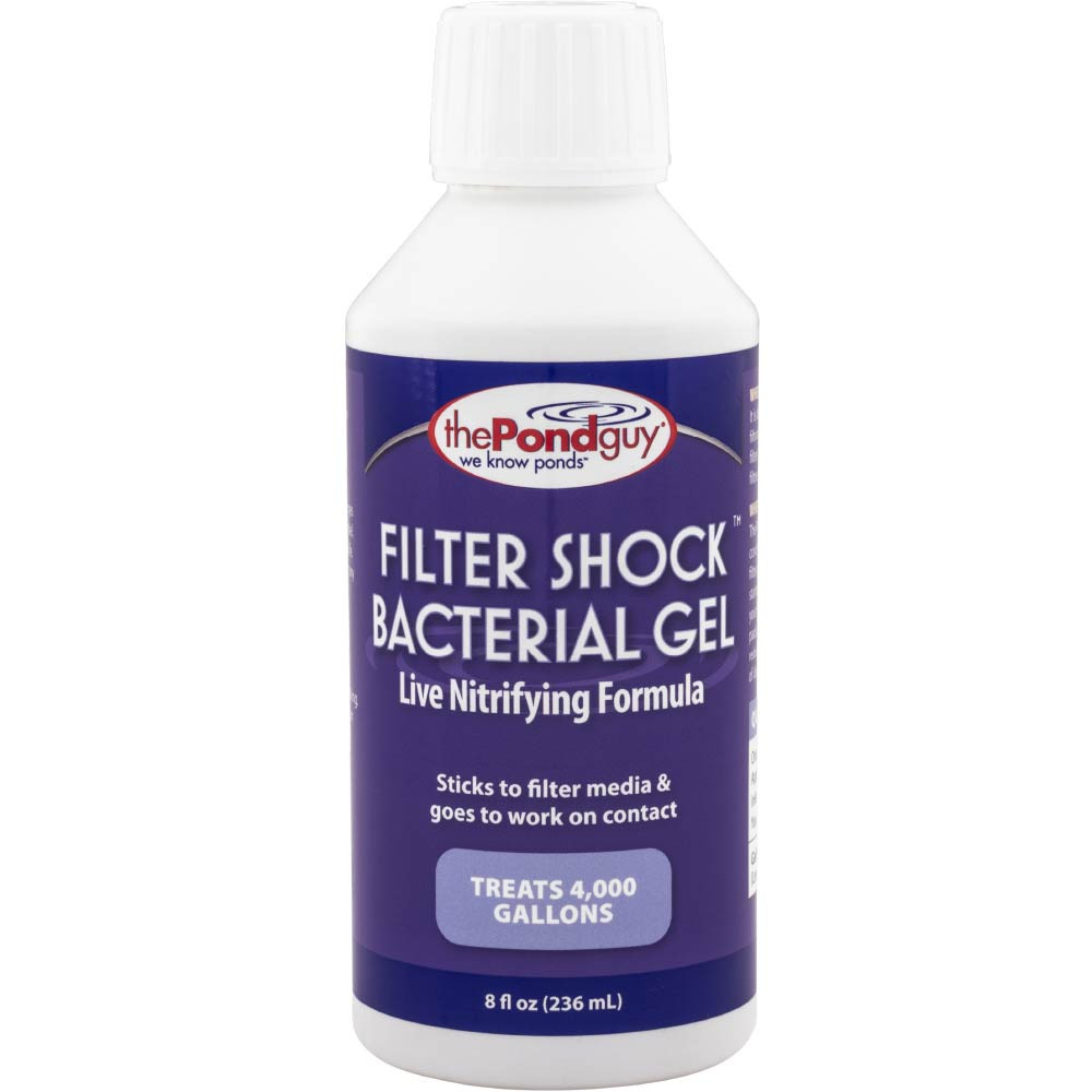 The Pond Guy Filter Shock Bacterial Gel Live Nitrifying Formula 8 oz bottle with indigo label.