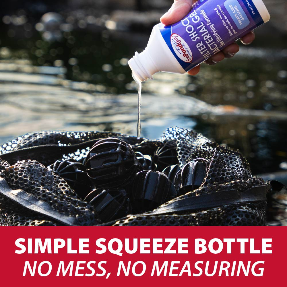 A hand pouring Filter Shock on BioBalls, with text: 