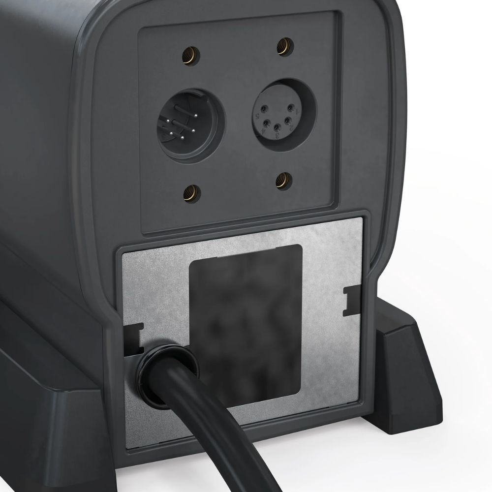 Rear view of Oase Aquarius Eco Premium pond pump showing electrical connection ports, sealed power cord entry, and mounting plate for outdoor installation.