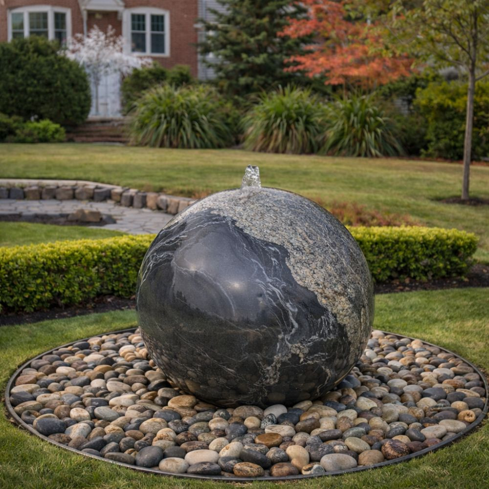 Black and gray granite sphere fountain with marbled stone texture, water bubbling from the top, displayed on mixed river pebbles in a landscaped yard.