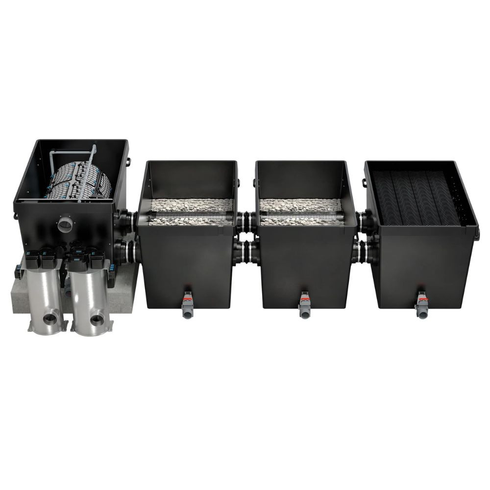 Oase ProfiClear Premium XL modular pump-fed filtration system with drum filter, bio media chambers, and UV clarifiers for large koi and swim ponds.