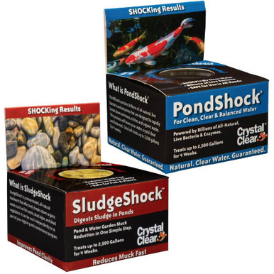 CrystalClear PondShock and SludgeShock pond treatment boxes featuring koi and river rocks imagery for clear water and fast muck reduction