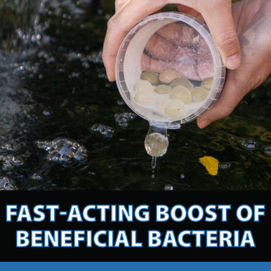 SludgeShock Balls being poured into pond water, with text: 