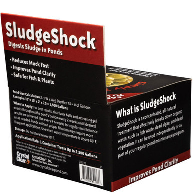 SludgeShock back label with application instructions; 1 container treats up to 2,500 gallons.