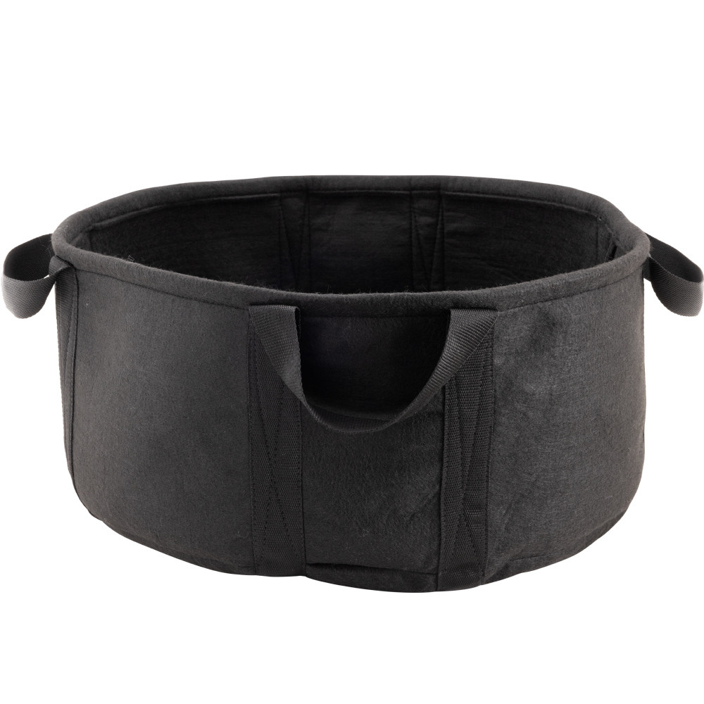 Large black aquatic planting bag with sturdy handles, designed to hold soil and support larger pond plants in water gardens.