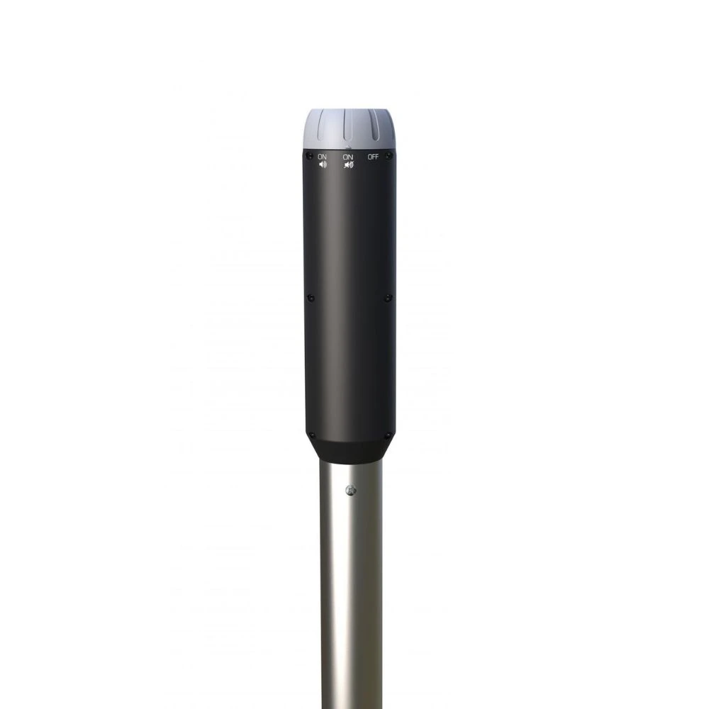 Rear view of the Velda Laser Guard pond protector with sound control switch mounted on a silver pole against a white background.
