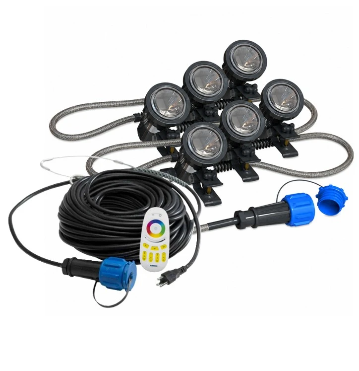 The Airmax RGBW six-light set with remote control and power cord.