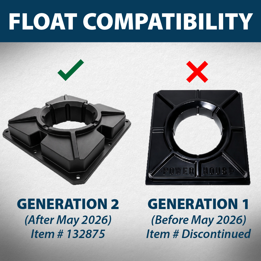 Float compatibility graphic showing the Power House Generation 2 float fits this protective cage, while the discontinued Generation 1 does not.