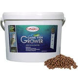 Large white bucket of The Pond Guy Game Fish Grower floating pellets with high-protein formula, shown with pellet pile for pond fish growth support View Product Image