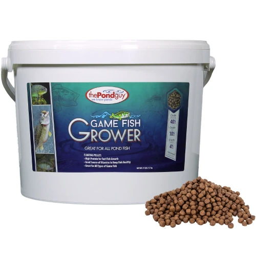 Large white bucket of The Pond Guy Game Fish Grower floating pellets with high-protein formula, shown with pellet pile for pond fish growth support View Product Image