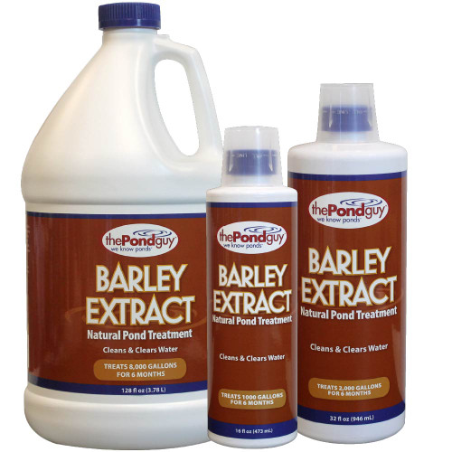 The Pond Guy Barley Extract Natural Pond Treatment in three sizes; all white containers with brown labels. View Product Image