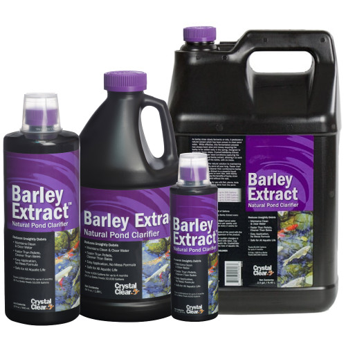 CrystalClear Barley Extract Natural Pond Clarifier in three sizes; all black containers with purple labels. View Product Image