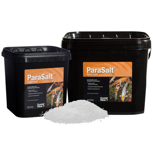 CrystalClear ParaSalt Pond Salt in two sizes, with a small pile of salt granules in the foreground. View Product Image