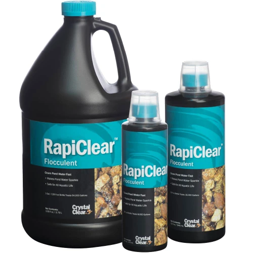 CrystalClear RapiClear flocculant bottles and jug in multiple sizes, shown together to illustrate fast-acting pond water clarification for clear, sparkling ponds. View Product Image