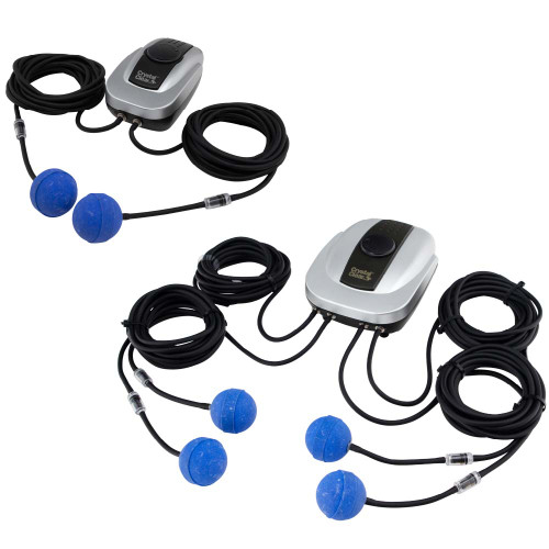 The CrystalClear PondAir 2 and 4, fully assembled and juxtaposed to show the airlines and airstones hooked up. View Product Image