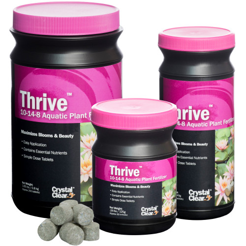 CrystalClear Thrive aquatic plant fertilizer in three sizes with a small pile of tablets. View Product Image