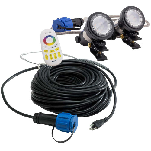 The Airmax RGBW two-light set with remote control and power cord. View Product Image