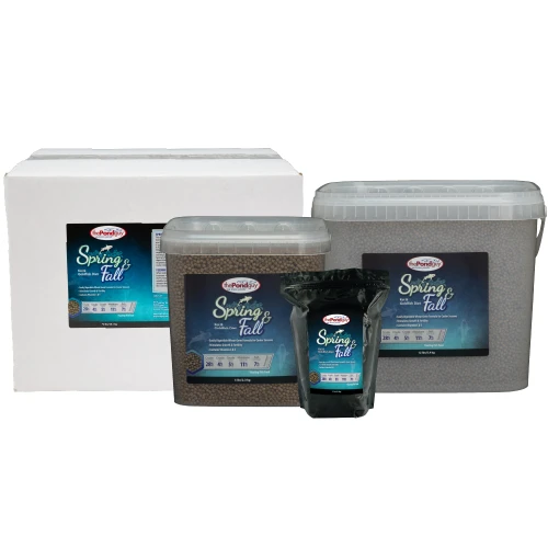 The Pond Guy Spring & Fall Koi & Goldfish Diet shown in multiple package sizes, including a pouch, tubs, and large bulk box options. View Product Image